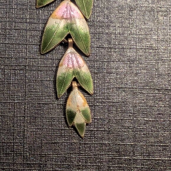 Dangle Leaf Earrings Pink Enamel Sterling Silver Vermeil Gold Plate Estate Vtg - Picture 5 of 6